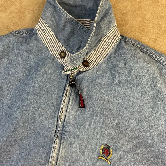 Vintage Tommy Hilfiger Denim Jacket Harrington 90s Crest Logo Full Zip Men‎ Sz L - Picture 9 of 11